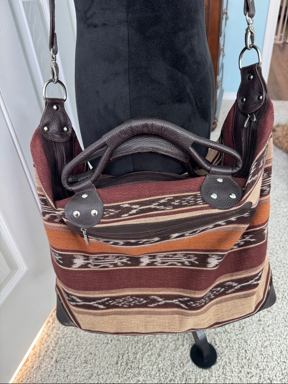 Southwestern Stripe Tote Bag with Dark Brown Trim